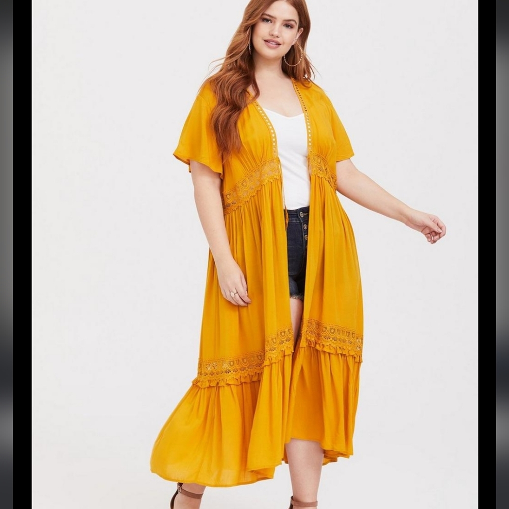 TORRID MUSTARD YELLOW CROCHET DUSTER KIMONO SIZE 2
